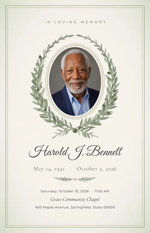 Olive Branch bifold funeral program template, front cover with an olive wreath photo frame